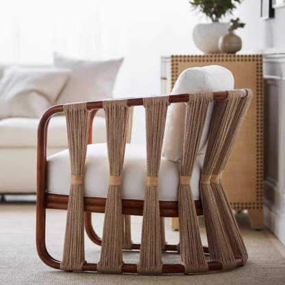 Scandinavian Wood Rattan Fabric Armchair