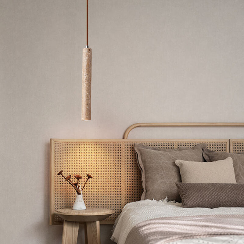 Japanese Wabi-Sabi Yellow Travertine Cylinder Pendant Light