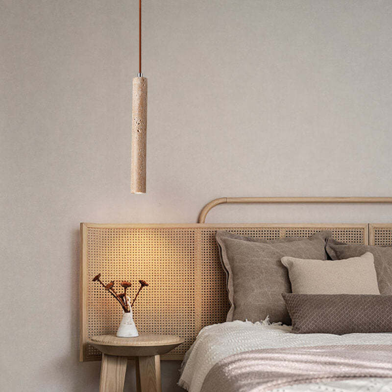 Japanese Wabi-Sabi Yellow Travertine Cylinder Pendant Light