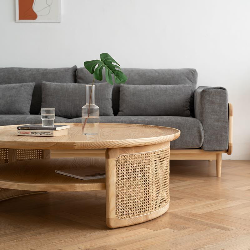 Nordic Round Wood Rattan 2-Tier Coffee Table