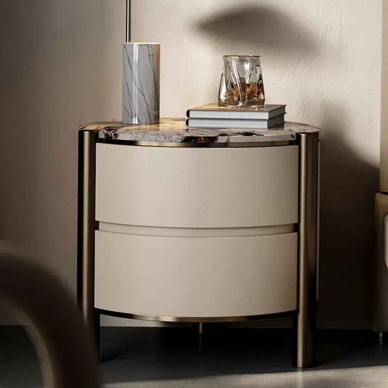 Modern Marble Solid Wood Round Nightstand 2-Drawer
