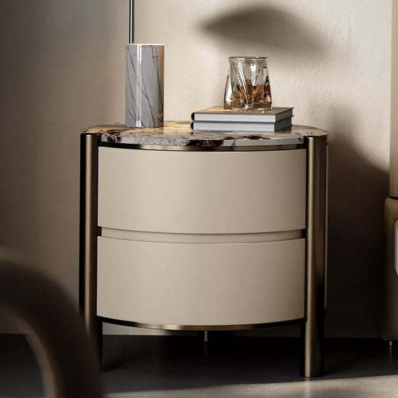 Modern Marble Solid Wood Round Nightstand 2-Drawer