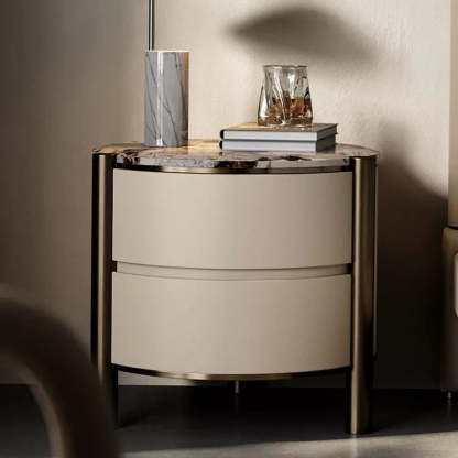 Modern Marble Solid Wood Round Nightstand 2-Drawer