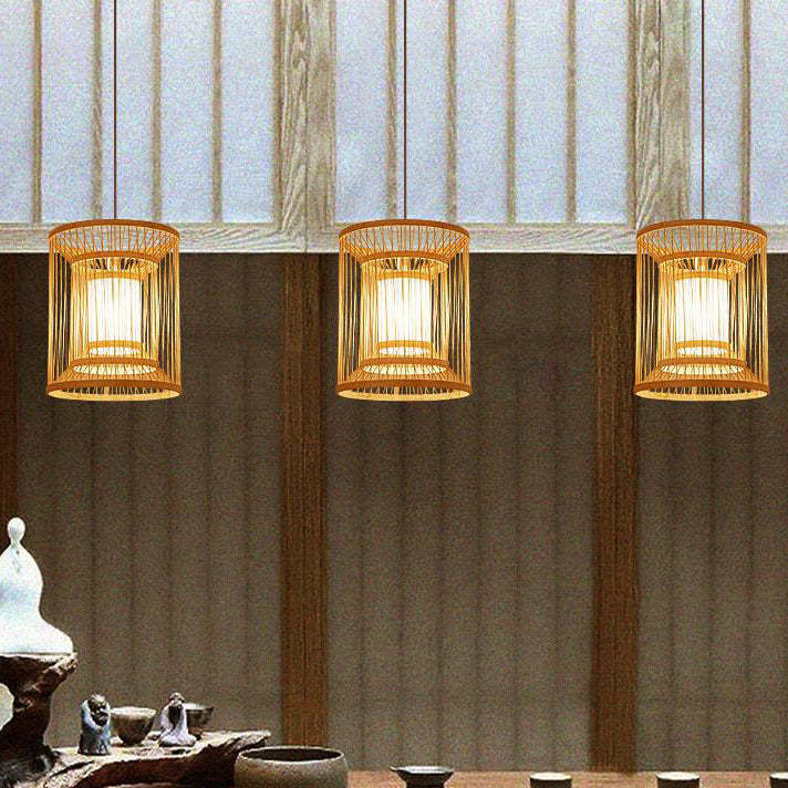 Chinese Round Vertical Bamboo Pendant Light — 110V-120V For US/CA