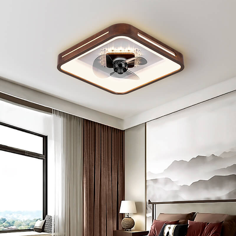 Chinese Walnut Round Acrylic LED Flush Mount Fan Light
