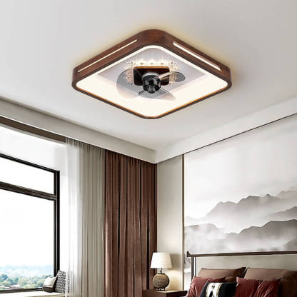 Chinese Walnut Round Acrylic LED Flush Mount Fan Light