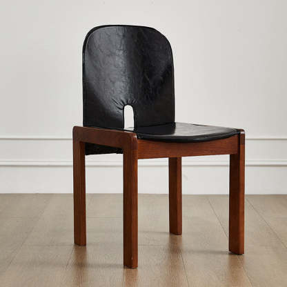 Vintage Curved Ash Wood Leather Dining Chair — Black