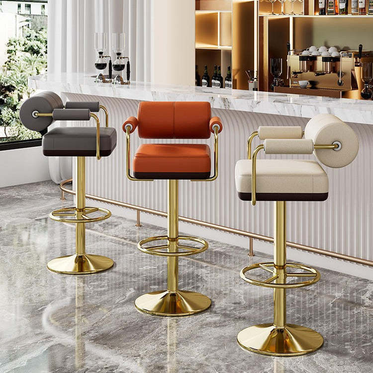 Modern Cylindrical Leather Metal Bar Stool — Green + Gold Frame