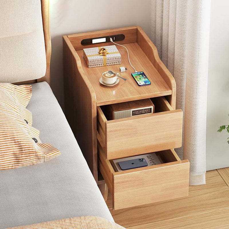 Minimalist Rubber Wood Nightstand 2-Drawer USB Sensor Light