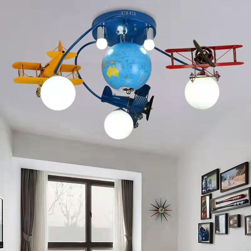 Art Deco Orb Airplane Globe Glass Iron Kids Flush Light