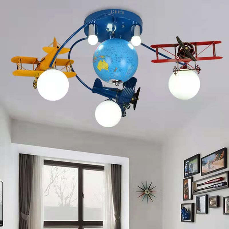 Art Deco Orb Airplane Globe Glass Iron Kids Flush Light