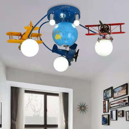 Art Deco Orb Airplane Globe Glass Iron Kids Flush Light