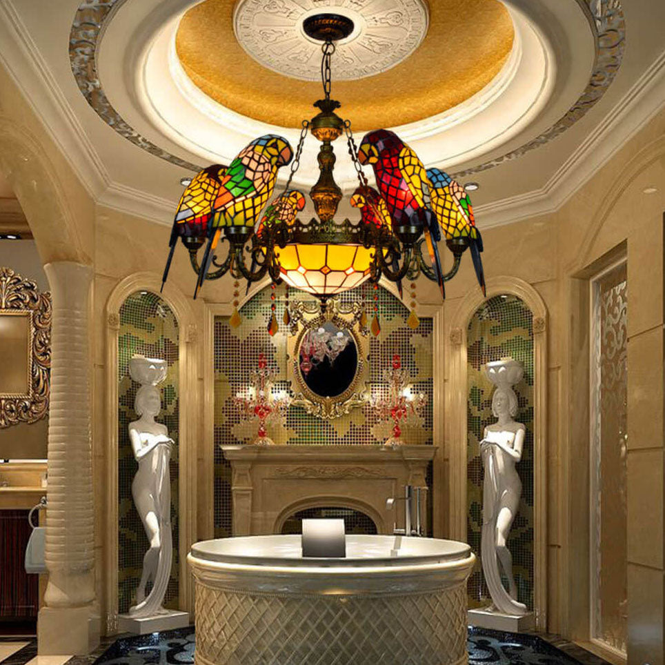 Tiffany Luxe Stained Glass Parrot Chandelier — 110V-120V For US/CA