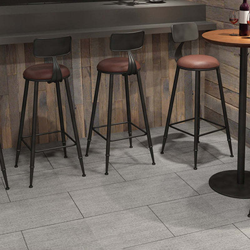 Vintage Wood Iron Round Bar Stool — Brown Leather Seat