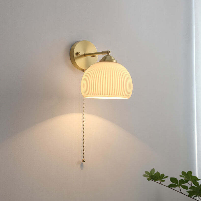 Nordic Striped Milk White Glass Brass Pull Cord Wall Sconce