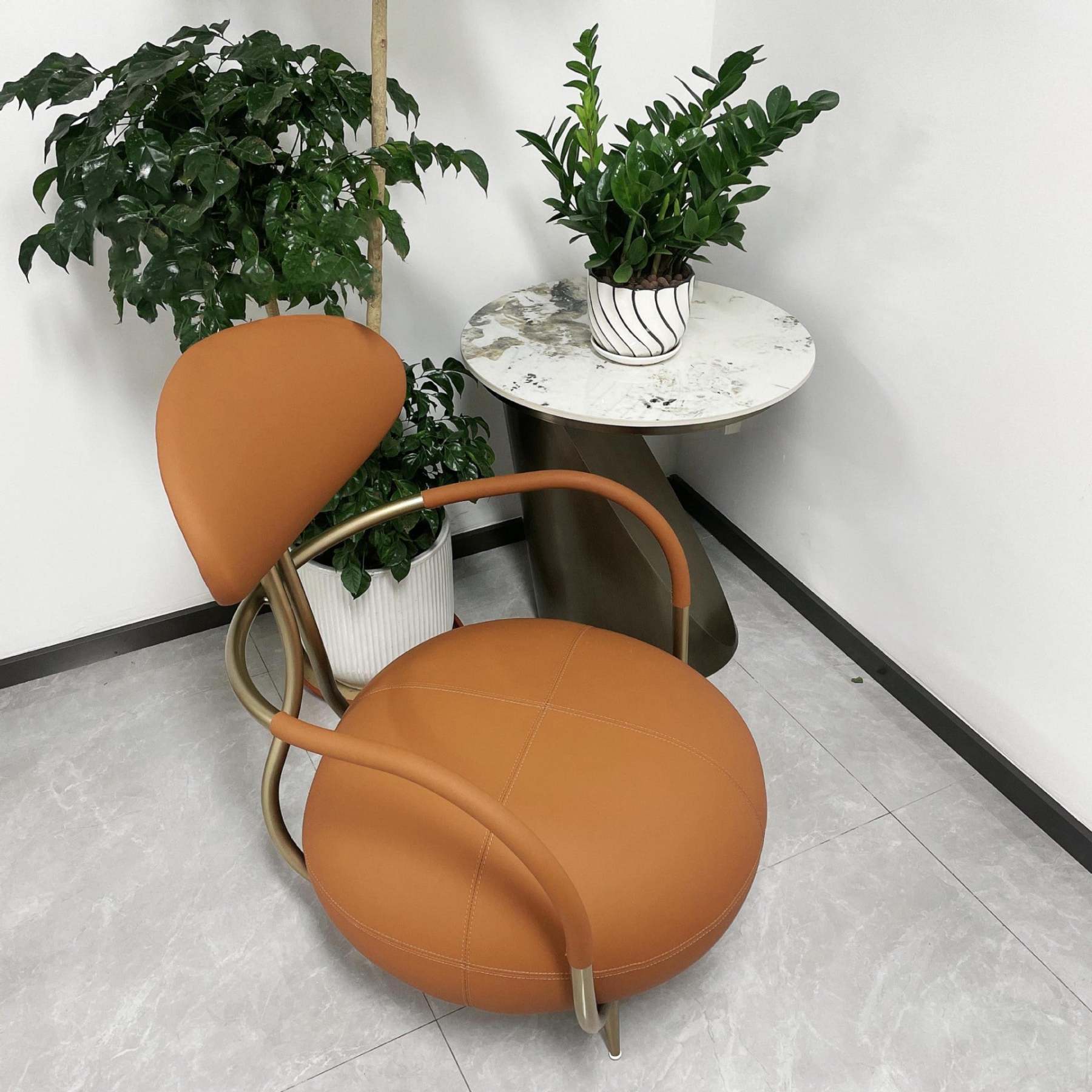 Contemporary Luxury Round Leather Steel Armless Chair