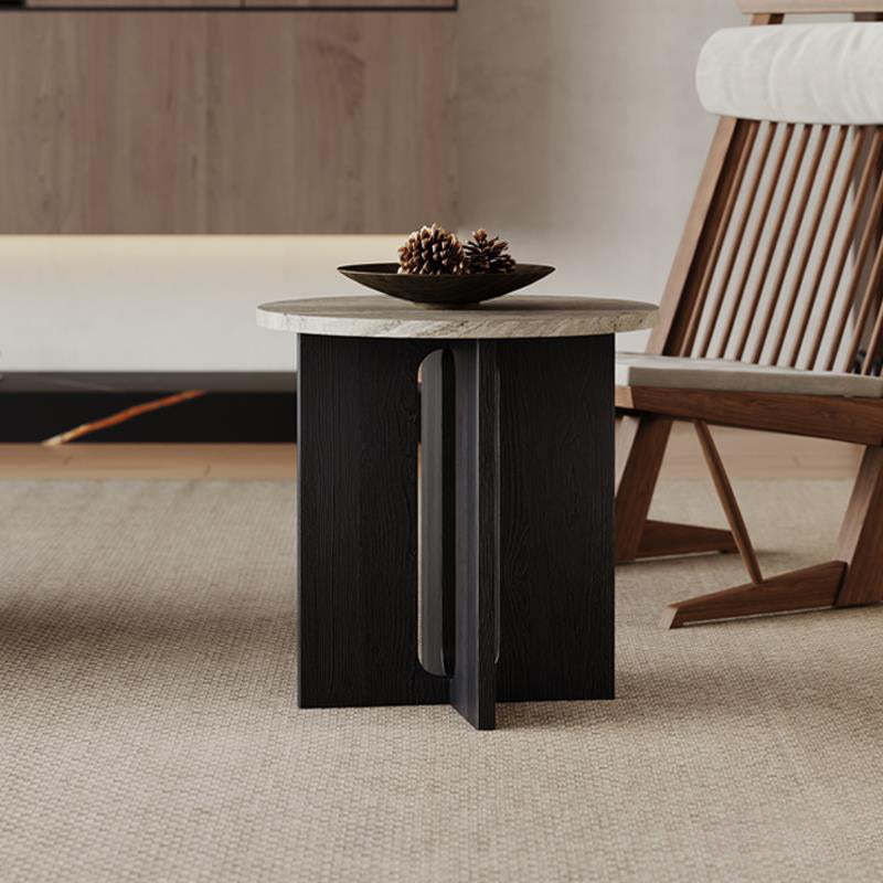 Vintage Cross-Base Travertine Wood Round Coffee Table