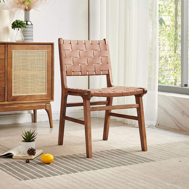Lighom minimalist woven saddle wood dining chairs & benches in leather wood