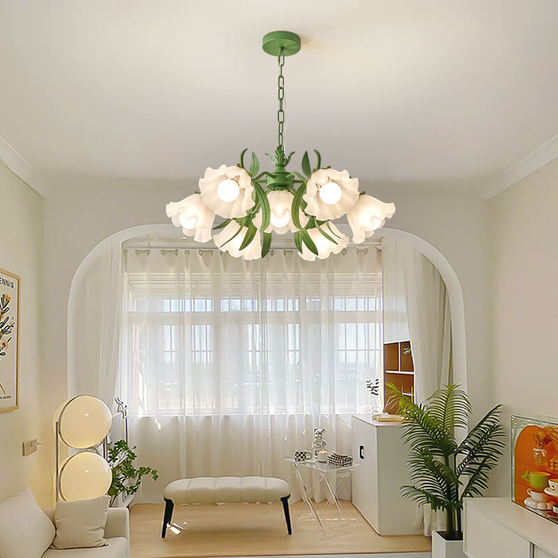 Contemporary Bell Orchid Iron Glass Chandelier