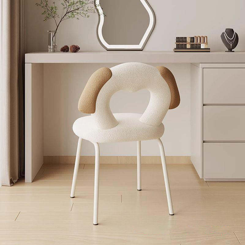 Modern Hollow Dog Lambswool Wood Vanity Stool — Non-Swivel / White