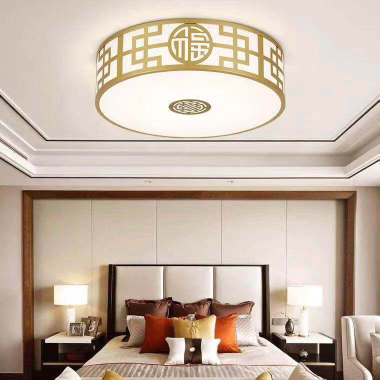 Modern Chinese Round Fabric Drum LED Flush Mount Light