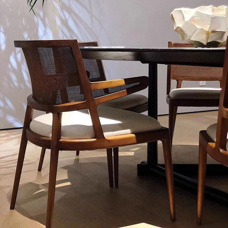 Retro Microfiber Leather Rattan Wood Dining Chair