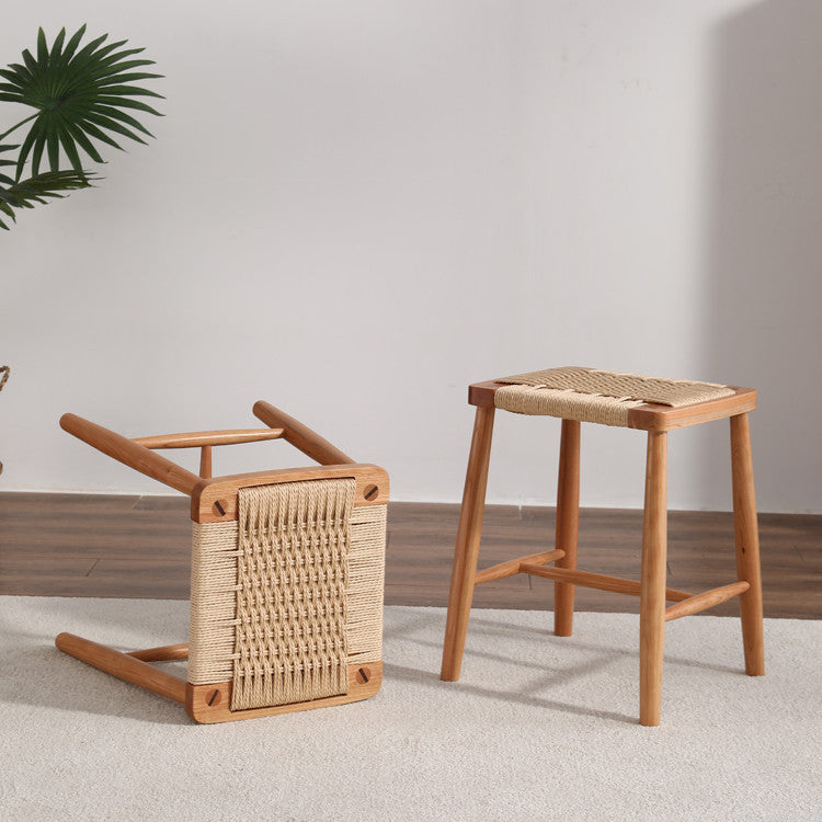 Vintage Braided Rope Wood Square Footstool — Walnut Wood Color