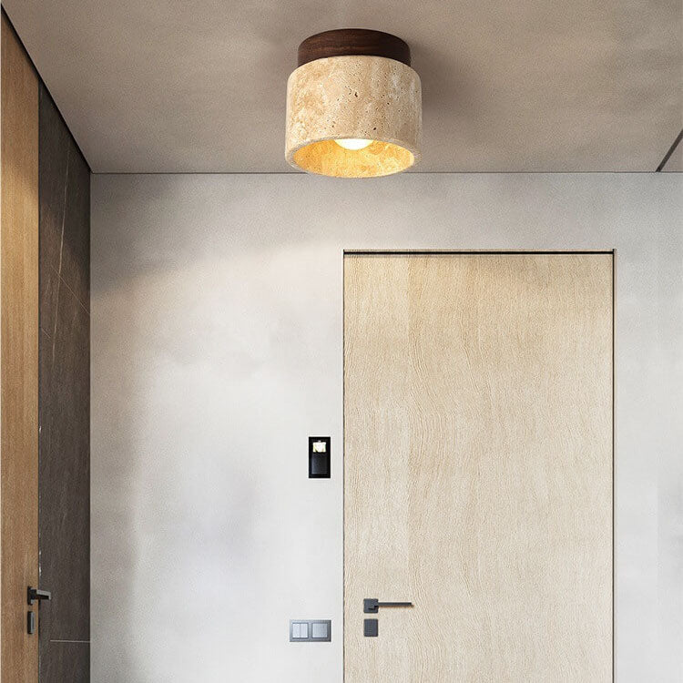 Japanese round travertine yellow semi-flush mount light, Lighom — 220V-240V (UK/AU)