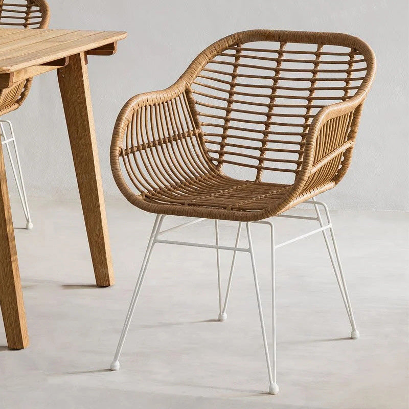 Farmhouse Rattan Iron Base Armchair — Wood Color + White Base