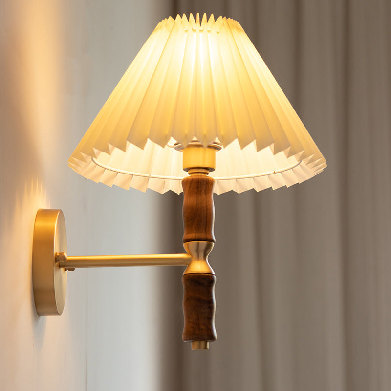 Japanese Vintage Walnut Pleated Umbrella Sconce