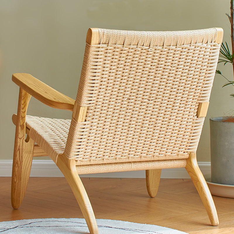 Scandinavian Rectangular Wood Rattan Armrest Chair
