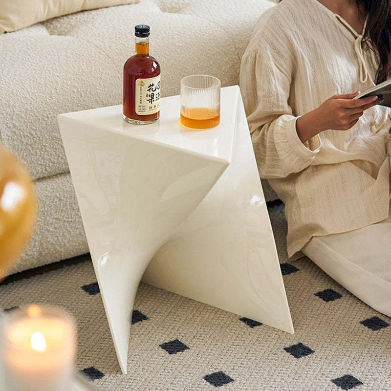 Minimalist Marble Glass Wood Triangle Corner End Table — Cream Color