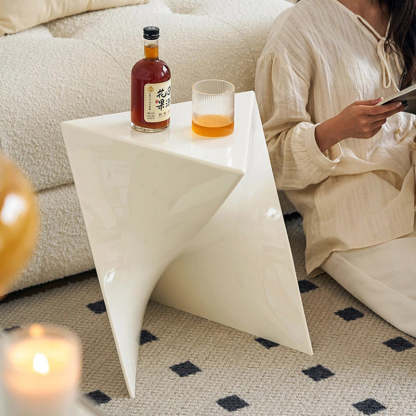 Minimalist Marble Glass Wood Triangle Corner End Table — Cream Color