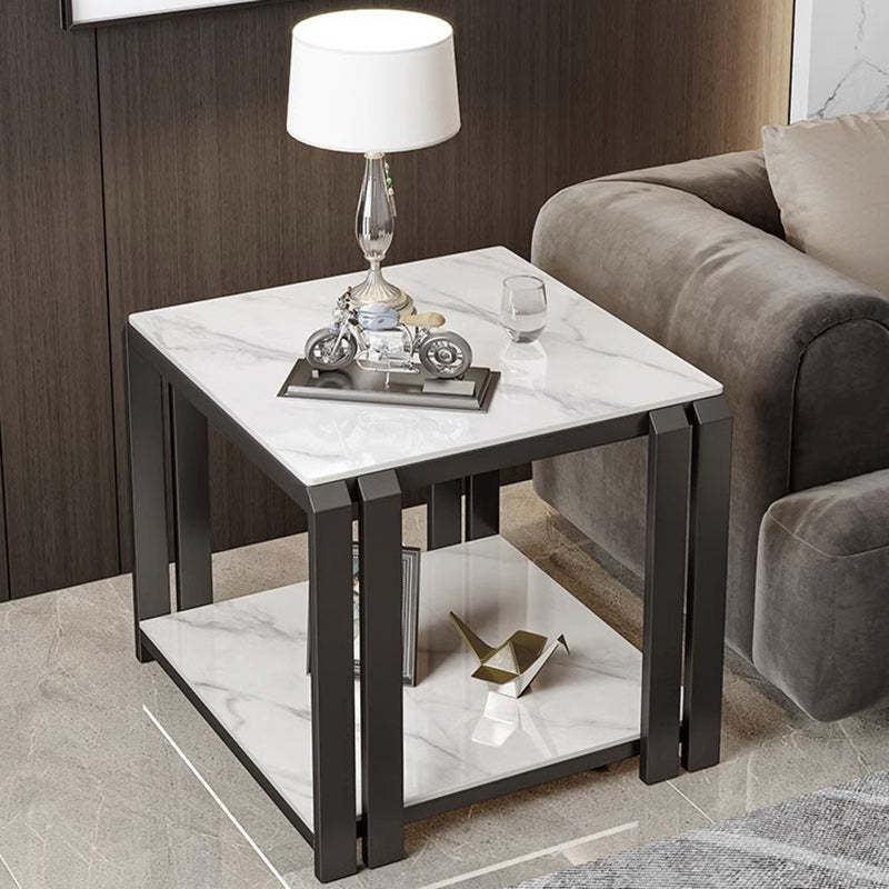 Luxury Square Rock Slab Metal 2-Tier Side Table — Black