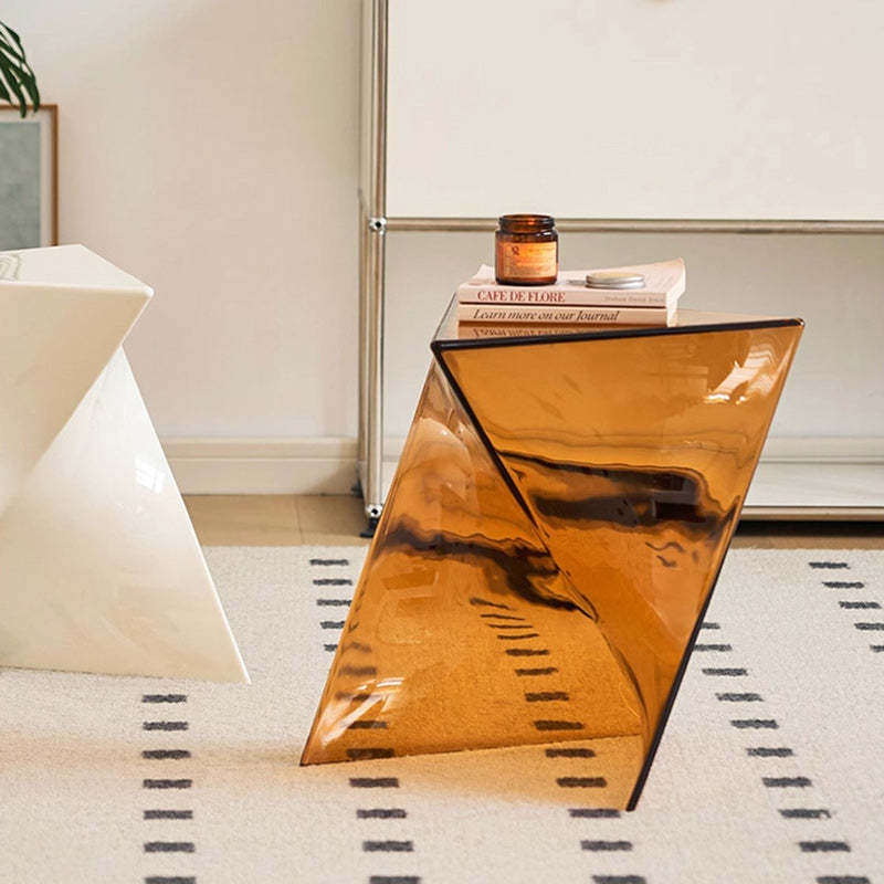 Minimalist Marble Glass Wood Triangle Corner End Table