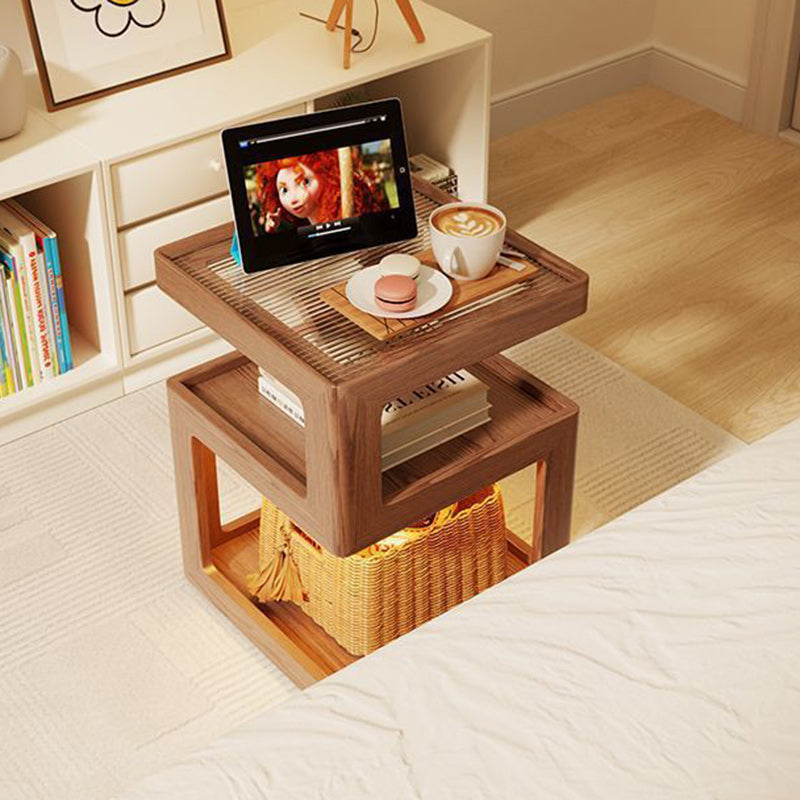 Minimalist Rubberwood Glass Nightstand