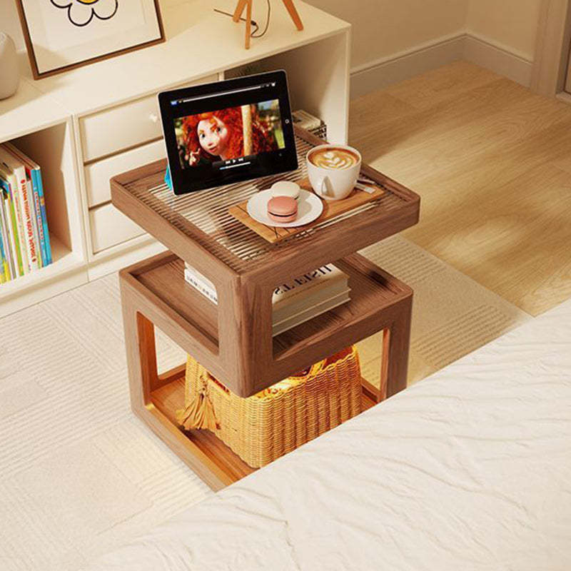 Minimalist Rubberwood Glass Nightstand