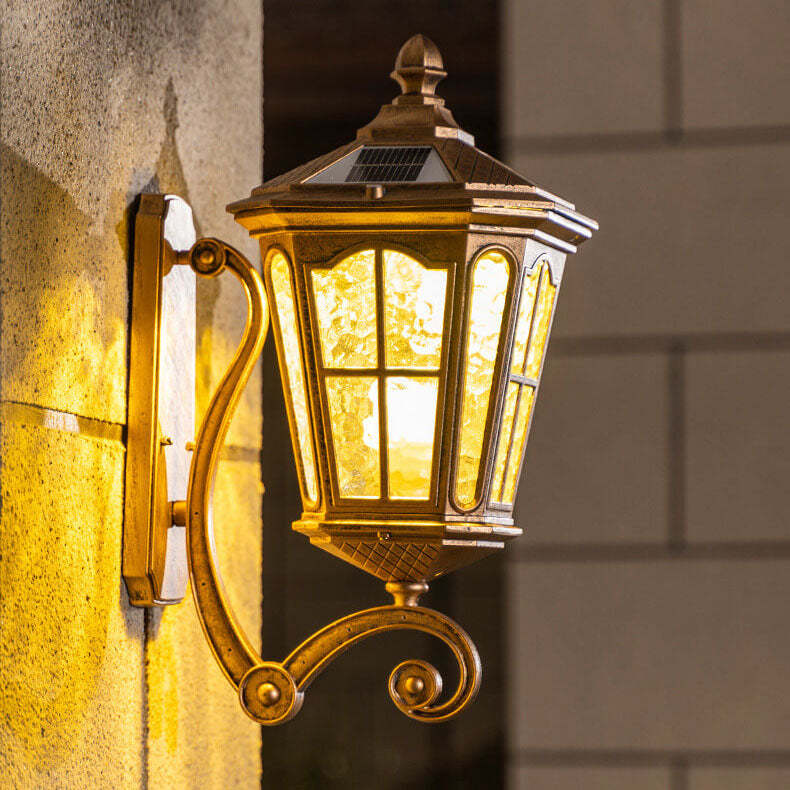 European Solar Lantern Aluminum Glass Outdoor Wall Sconce — Black / Solar