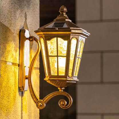 European Solar Lantern Aluminum Glass Outdoor Wall Sconce — Black / Solar