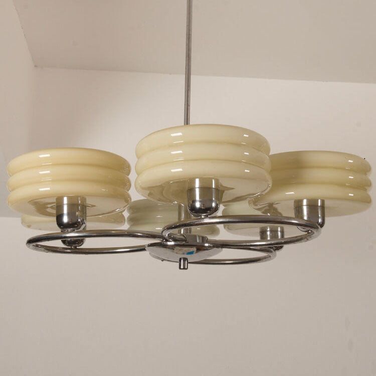 French Vintage Green Cream Glass Chrome Circle Chandelier