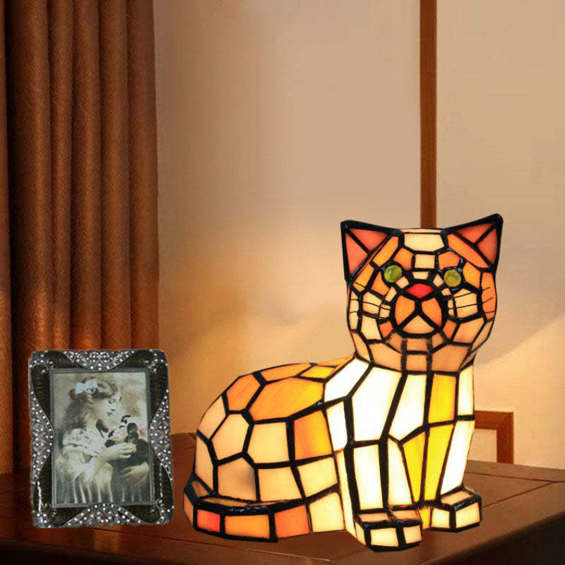 Traditional Tiffany Stained Glass Cat Table Lamp
