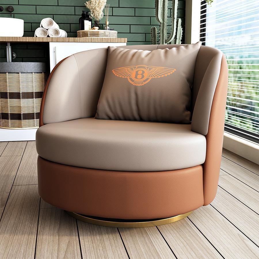 Modern Round Leather Swivel Accent Chair — Khaki