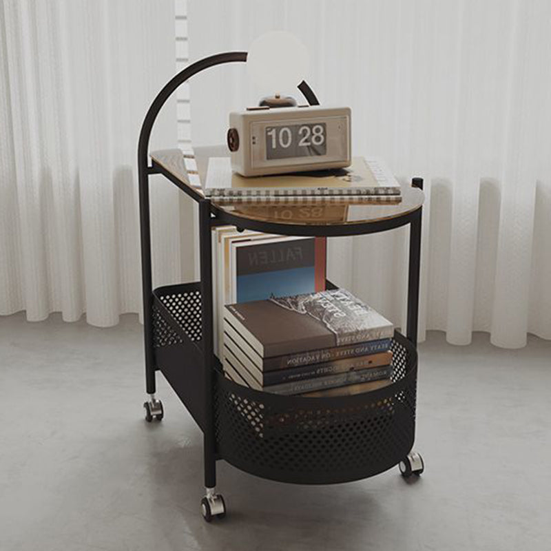 Contemporary Glass Iron Round Rolling Side Table 2-Tier — White