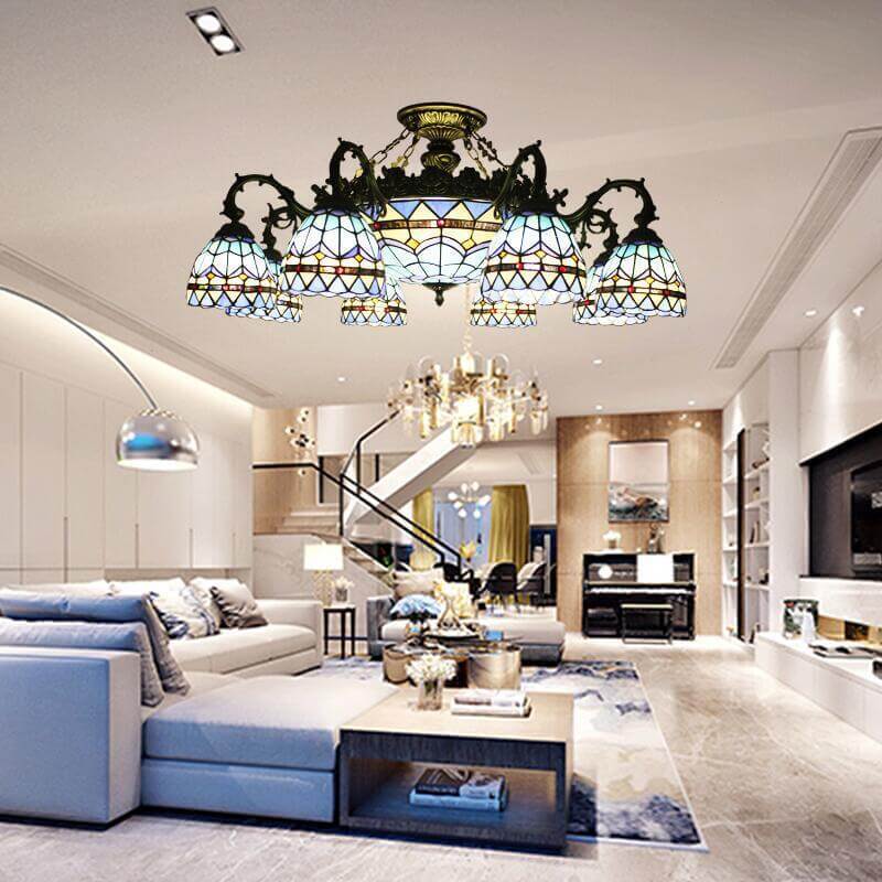 Tiffany baroque semi-flush mount light in glass — Sky / 110V-120V (US/CA)
