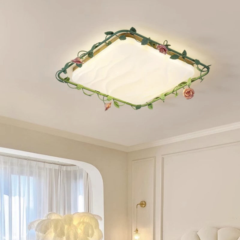 Round Rose Leaf Iron Rubberwood Acrylic LED Flush Light