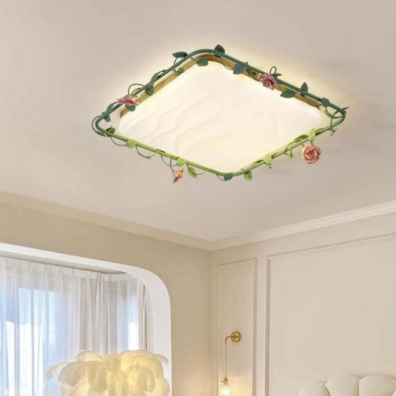 Round Rose Leaf Iron Rubberwood Acrylic LED Flush Light
