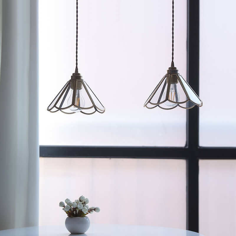 Japanese Vintage Cone Geometric Glass Copper Pendant Light