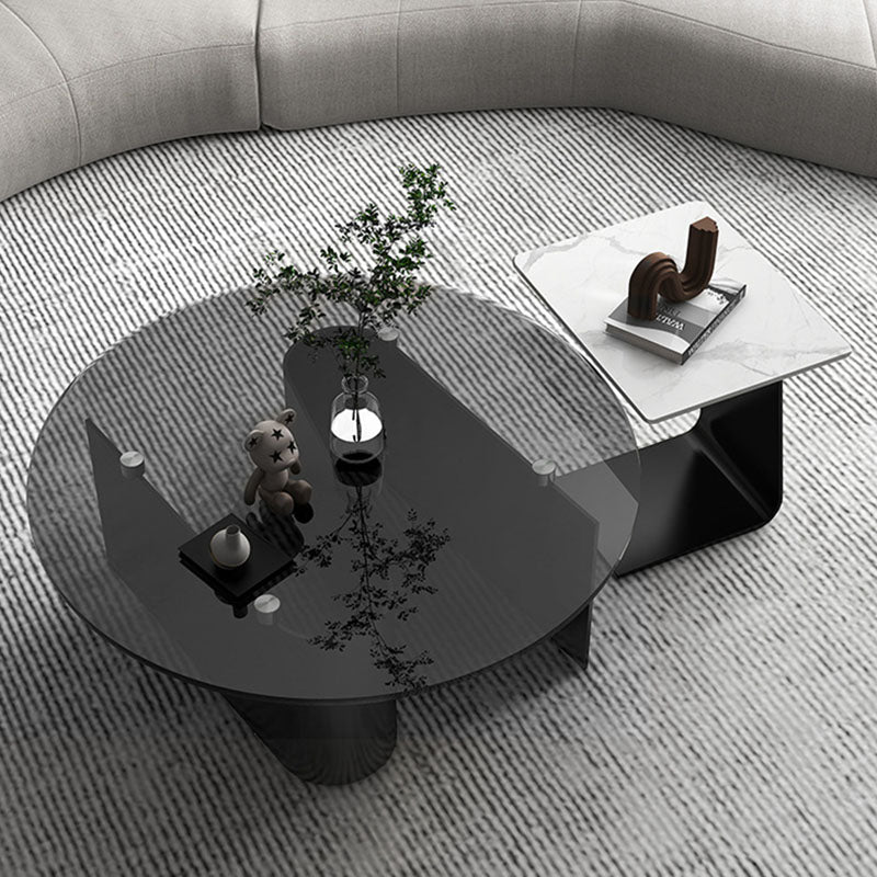 Minimalist Round Glass Slate Metal Coffee Table