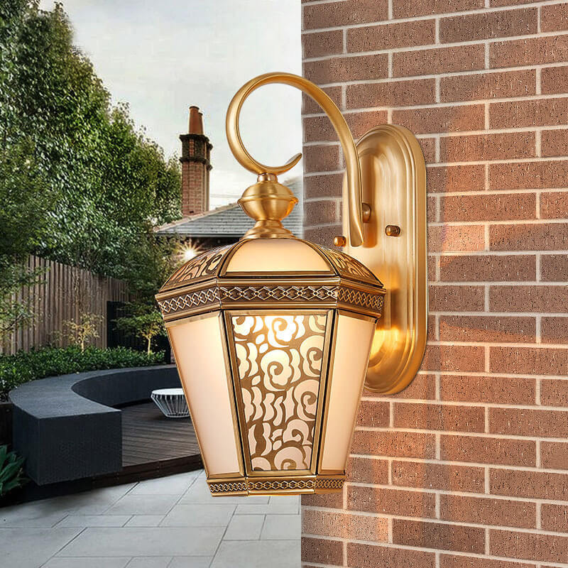 European Hexagonal Lantern Copper Glass Outdoor Wall Sconce