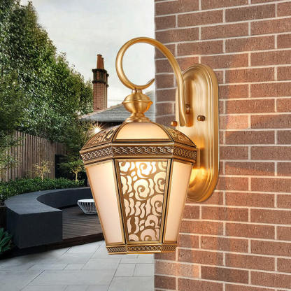 European Hexagonal Lantern Copper Glass Outdoor Wall Sconce